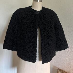 Vintage Women’s Black Textured Cape Jacket Cropped Swing Coat Mid Century